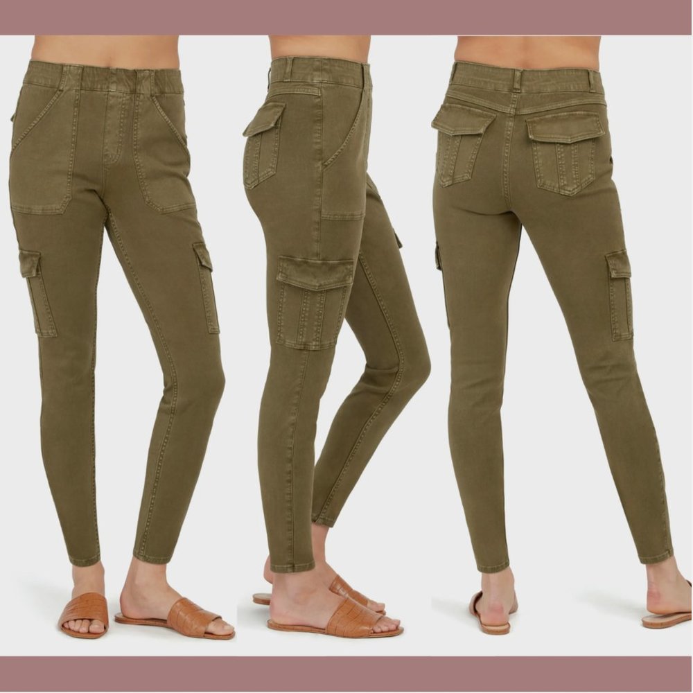 NWT $128 Spanx [‎ Small ] Twill Ankle Cargo Pants in Darken Olive Green